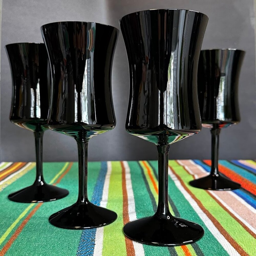 Zbigniew Horbowy Design 4 Black Glass Wine Goblets Vintage MCM Poland 1970s